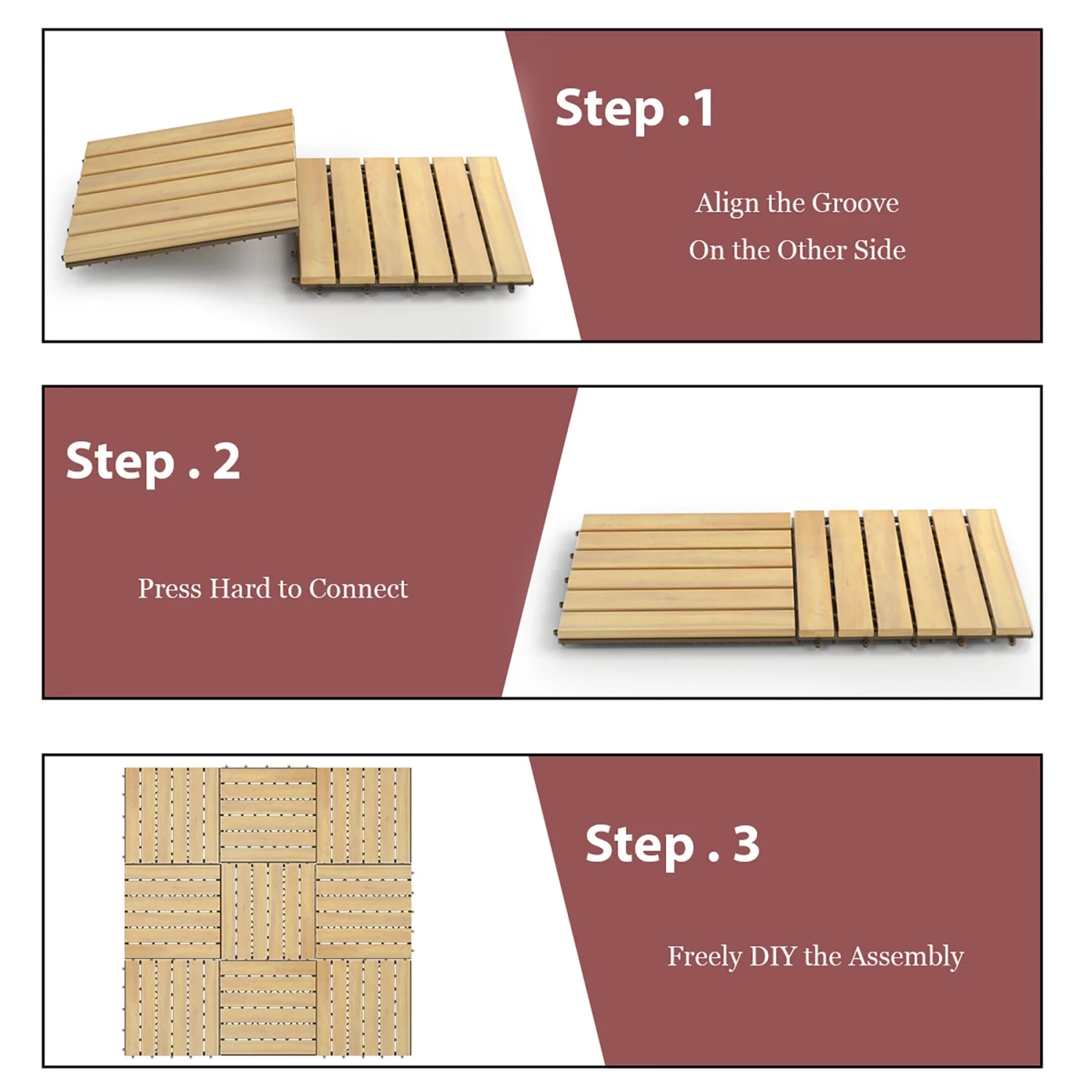 Costway 10PCS 12'' X 12'' Acacia Wood Deck Tiles Interlocking Patio Pavers Stripe Pattern - Image 3