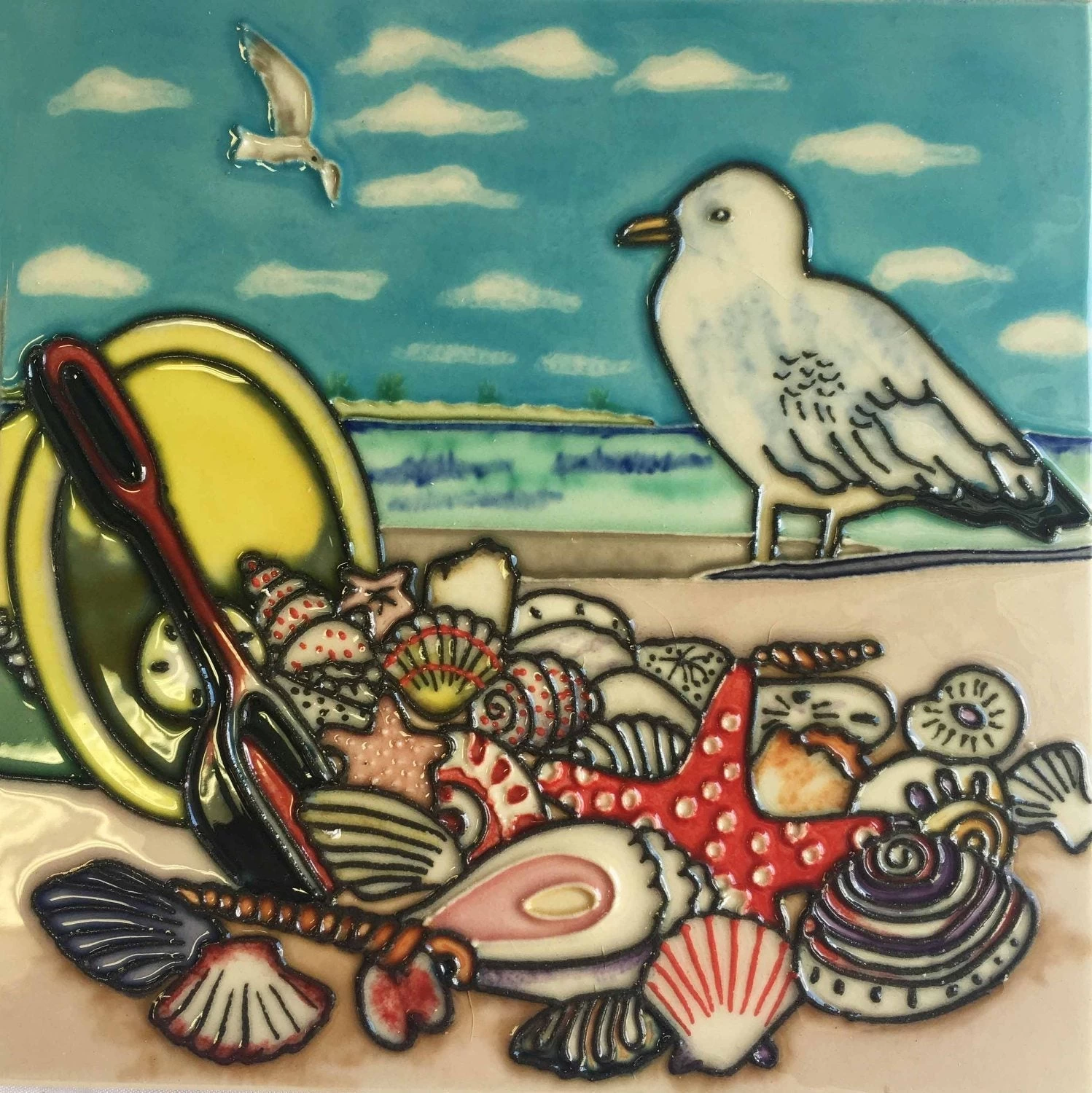 Seagull And Bucket Of Shells On Beach Ceramic Tile 8 Inches