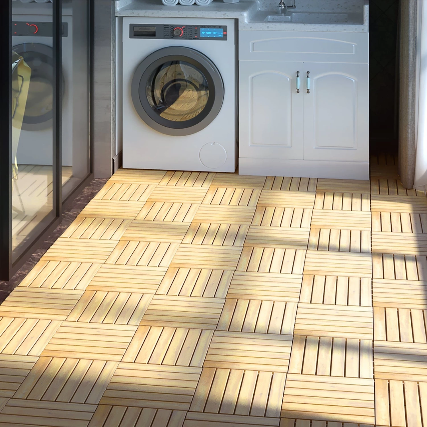 Costway 10PCS 12'' X 12'' Acacia Wood Deck Tiles Interlocking Patio Pavers Stripe Pattern - Image 9