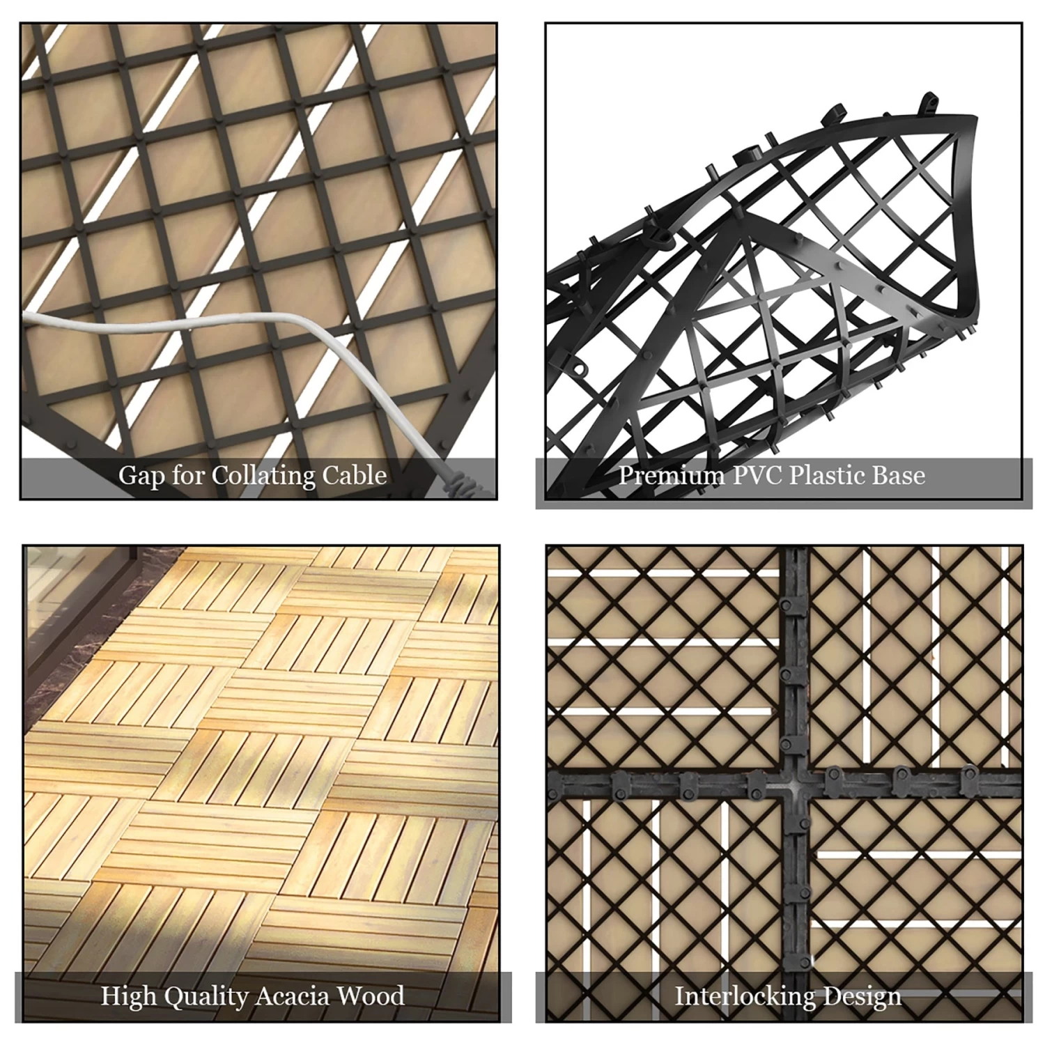 Costway 10PCS 12'' X 12'' Acacia Wood Deck Tiles Interlocking Patio Pavers Stripe Pattern - Image 4